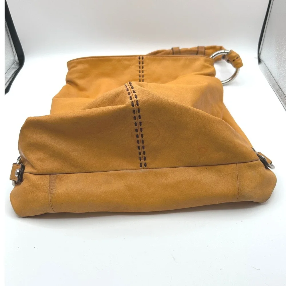B. Makowsky Hobo Bag Women Large Mustard Yellow Leather Whipstitch Ring Handle